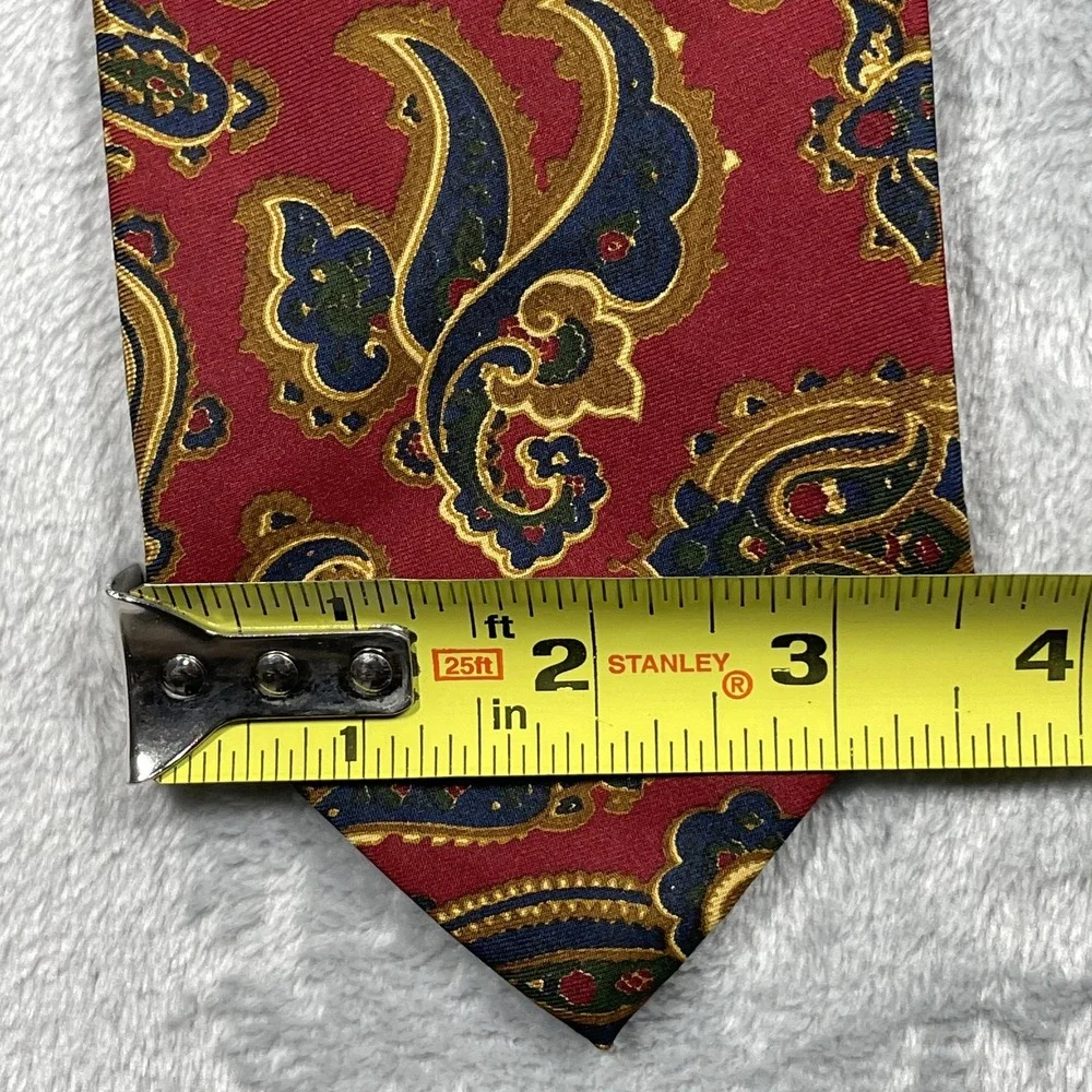 Paul Stuart Mens Silk Paisley Tie Red Gold Navy Blue Hand Sewn Made in USA